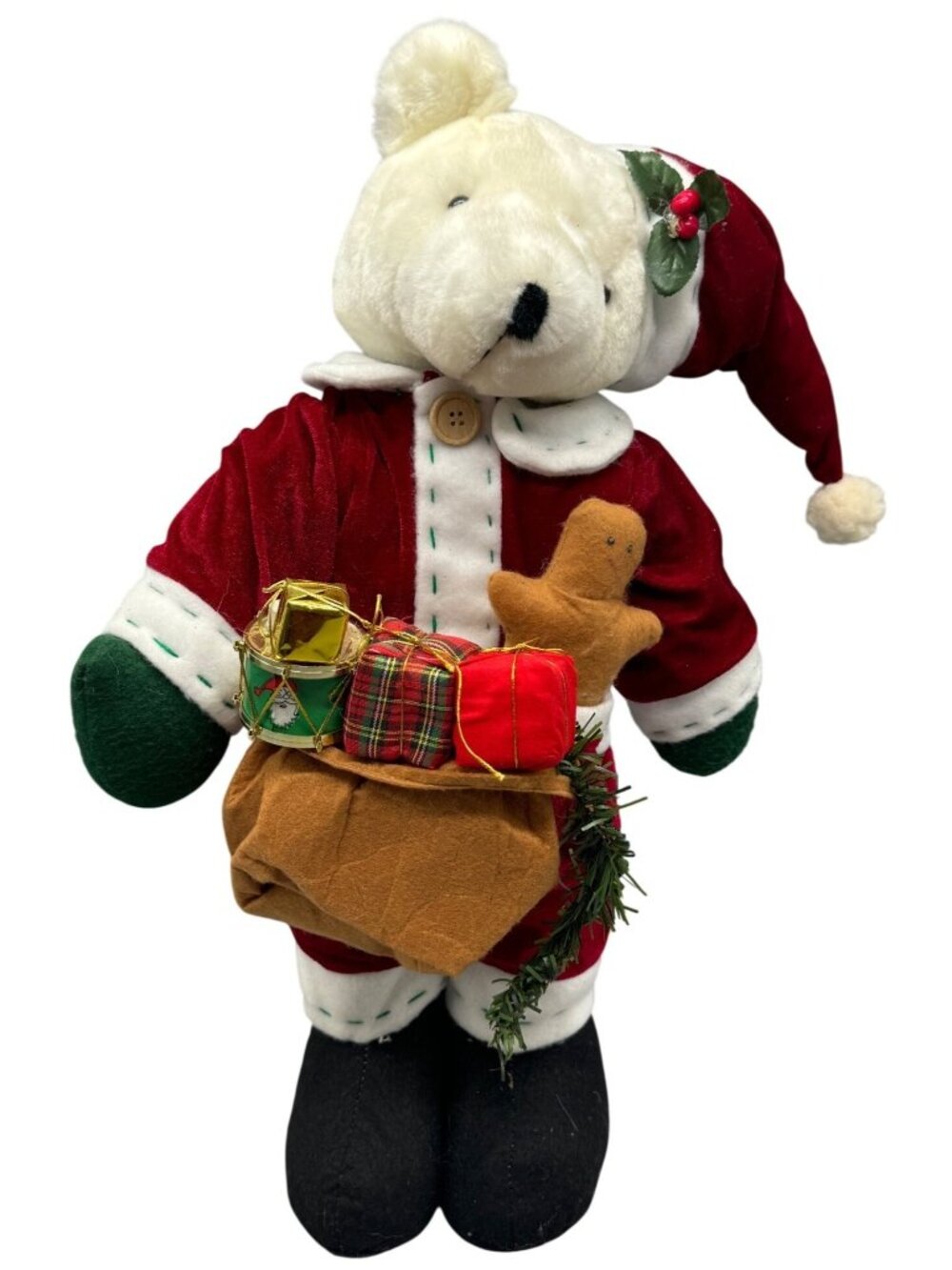 Santa Bear Plush Decor Holding Gifts Red Velvet Outfit Christmas 21" Tall READ